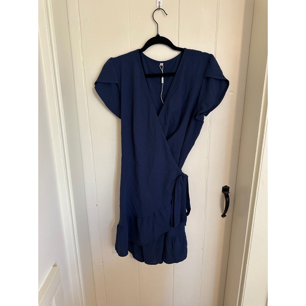 Sampeel Navy Blue Wrap Mini Dress Short Flutter Sleeve Ruffle Hem Size L NEW